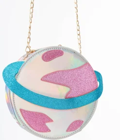 Unique Vintage Blue & Pink Glitter Saturn Planet Crossbody Bag