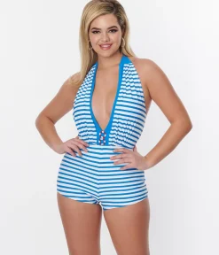 Unique Vintage Blue & White Sailor Stripe Romper Swimsuit
