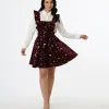 Unique Vintage Burgundy & Gold Moon & Star Corduroy Ruffle Pinafore