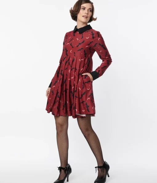 Unique Vintage Burgundy & Black Bats Baby Doll Dress
