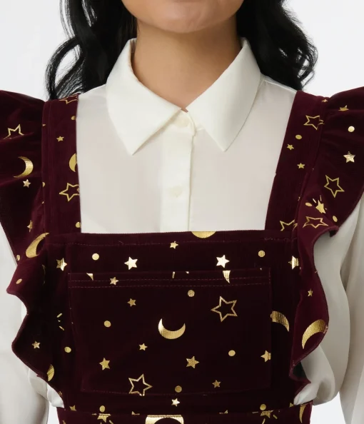Unique Vintage Burgundy & Gold Moon & Star Corduroy Ruffle Pinafore