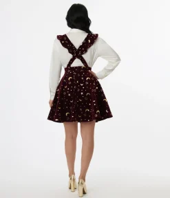 Unique Vintage Burgundy & Gold Moon & Star Corduroy Ruffle Pinafore