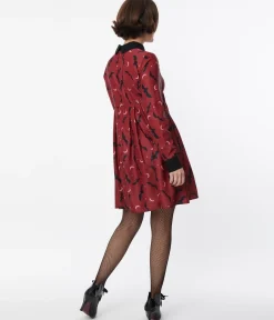 Unique Vintage Burgundy & Black Bats Baby Doll Dress