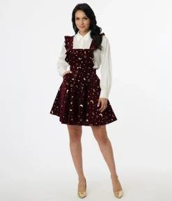 Unique Vintage Burgundy & Gold Moon & Star Corduroy Ruffle Pinafore