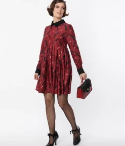 Unique Vintage Burgundy & Black Bats Baby Doll Dress