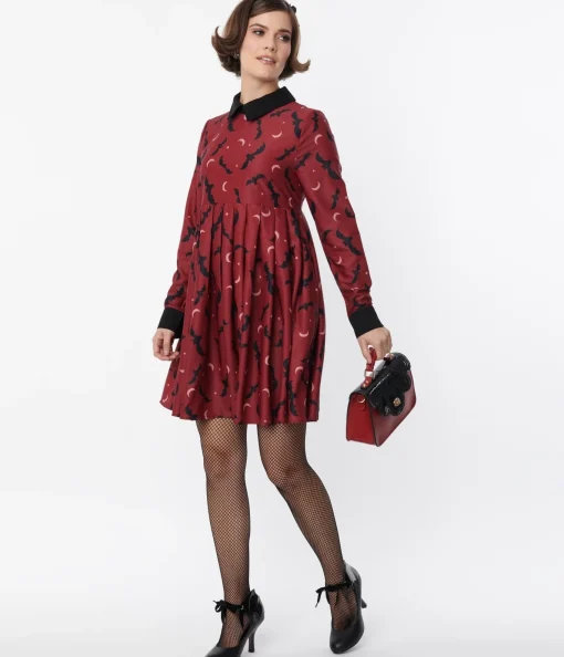Unique Vintage Burgundy & Black Bats Baby Doll Dress