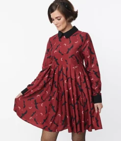 Unique Vintage Burgundy & Black Bats Baby Doll Dress