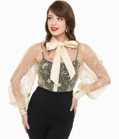 Unique Vintage Champagne Celestial Sequin Sheer Gwen Blouse
