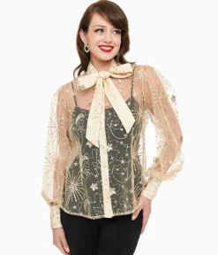 Unique Vintage Champagne Celestial Sequin Sheer Gwen Blouse