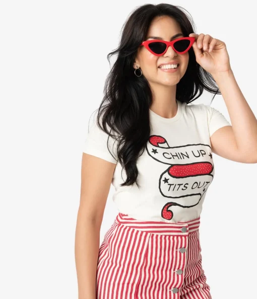 Unique Vintage Cream Chin Up Tits Out Womens Tee