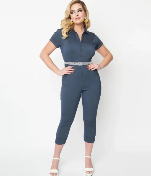 Unique Vintage Dark Blue Denim Bold Moment Jumpsuit
