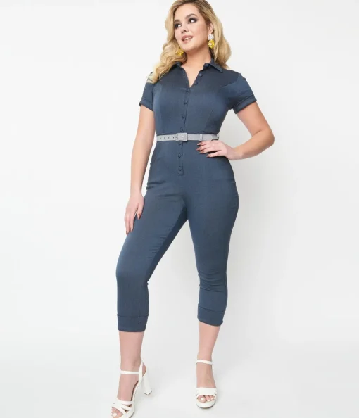 Unique Vintage Dark Blue Denim Bold Moment Jumpsuit