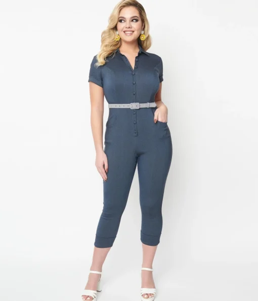 Unique Vintage Dark Blue Denim Bold Moment Jumpsuit