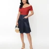 Unique Vintage Denim Blue Patch Pocket Swing Skirt