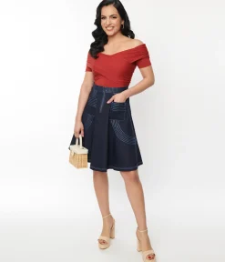 Unique Vintage Denim Blue Patch Pocket Swing Skirt