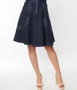 Unique Vintage Denim Blue Patch Pocket Swing Skirt