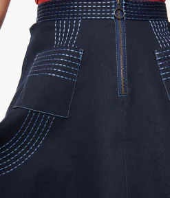 Unique Vintage Denim Blue Patch Pocket Swing Skirt