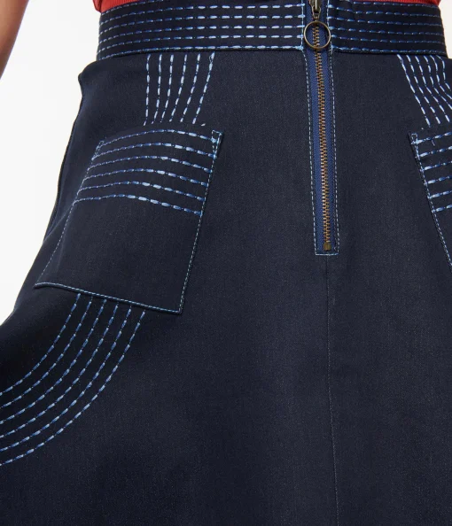 Unique Vintage Denim Blue Patch Pocket Swing Skirt