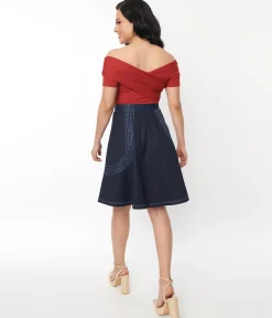 Unique Vintage Denim Blue Patch Pocket Swing Skirt