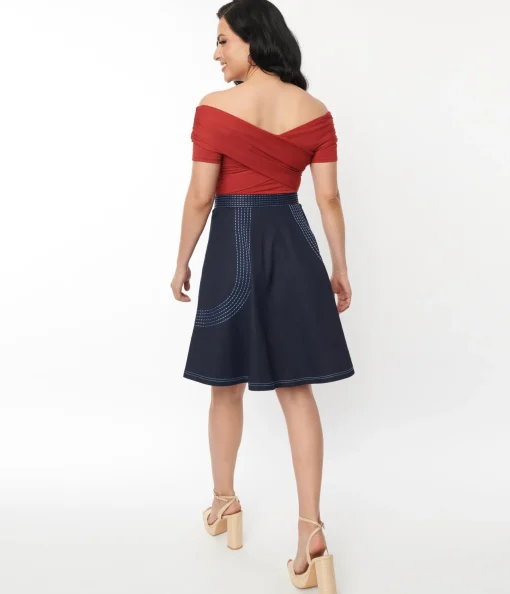 Unique Vintage Denim Blue Patch Pocket Swing Skirt