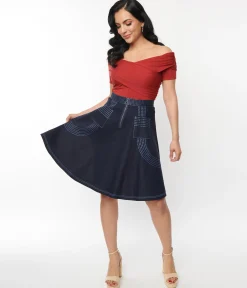 Unique Vintage Denim Blue Patch Pocket Swing Skirt
