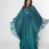 Unique Vintage Emerald Floral Fringe Flutter Sleeve Caftan