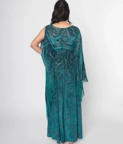 Unique Vintage Emerald Floral Fringe Flutter Sleeve Caftan