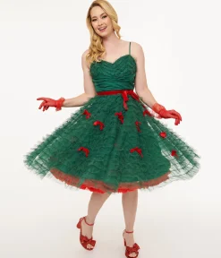Unique Vintage Emerald Green & Red Ribbon Tulle Cupcake Swing Dress