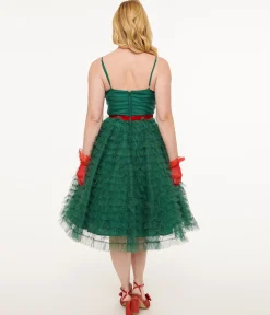 Unique Vintage Emerald Green & Red Ribbon Tulle Cupcake Swing Dress