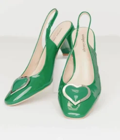 Unique Vintage Green Heart Leatherette Slingback Heels