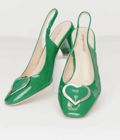 Unique Vintage Green Heart Leatherette Slingback Heels