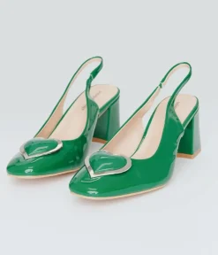Unique Vintage Green Heart Leatherette Slingback Heels
