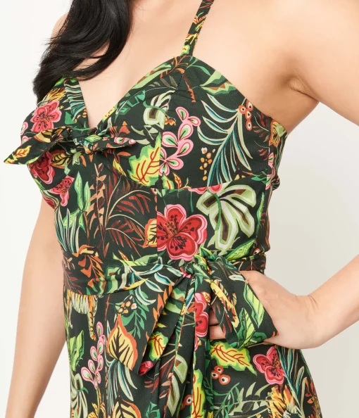 Unique Vintage Green Jungle Cat Print Leilani Sarong Dress