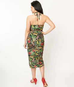 Unique Vintage Green Jungle Cat Print Leilani Sarong Dress