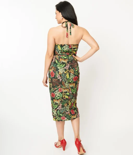 Unique Vintage Green Jungle Cat Print Leilani Sarong Dress