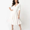 Unique Vintage Ivory Delores Swing Dress with Sleeves
