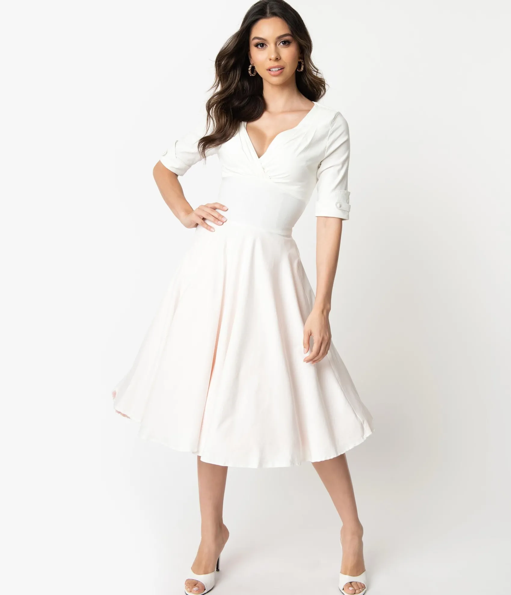 Unique Vintage Ivory Delores Swing Dress with Sleeves