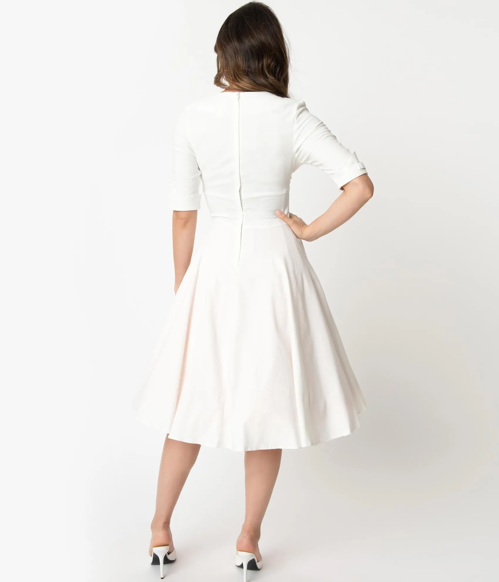 Unique Vintage Ivory Delores Swing Dress with Sleeves