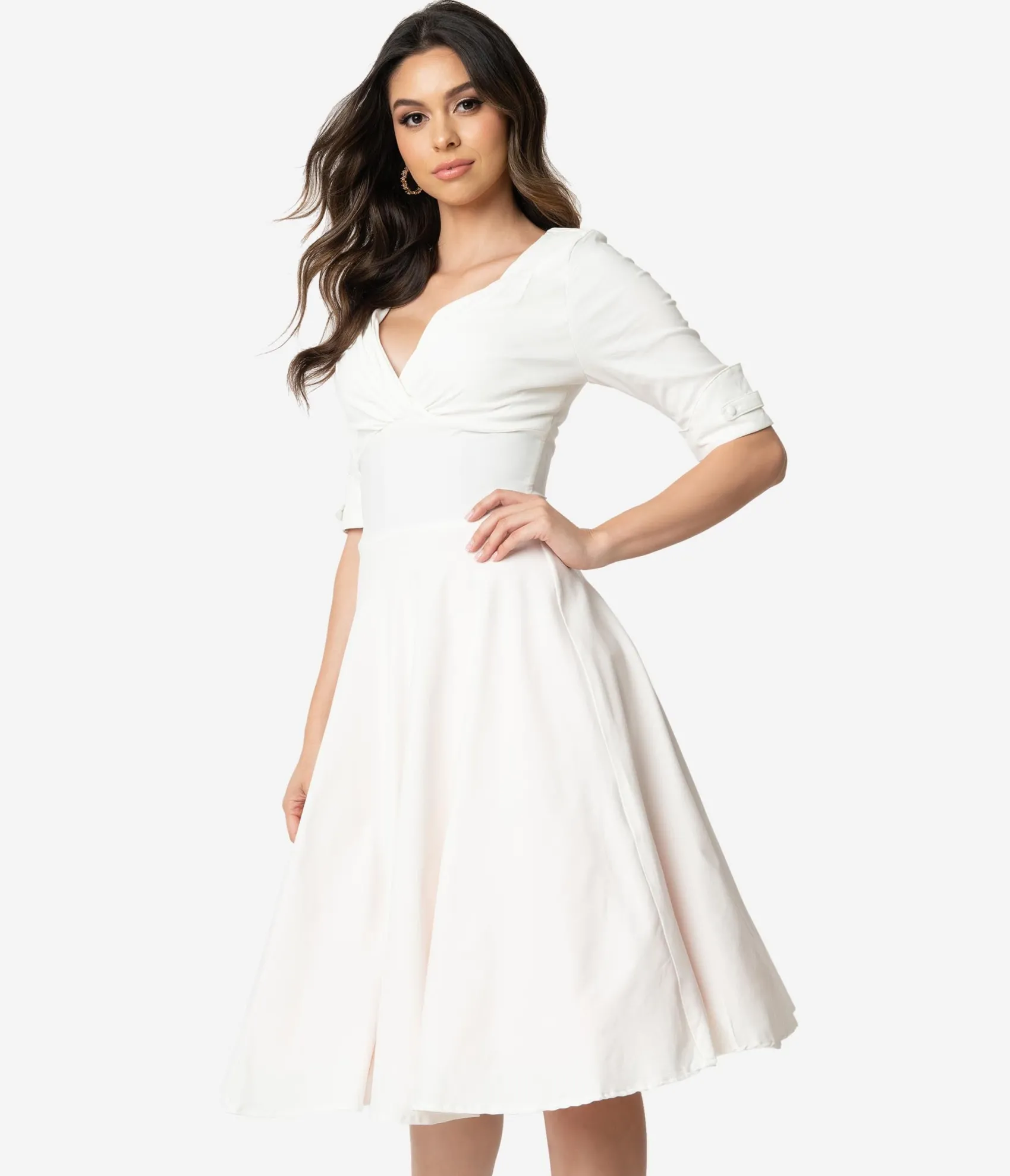 Unique Vintage Ivory Delores Swing Dress with Sleeves