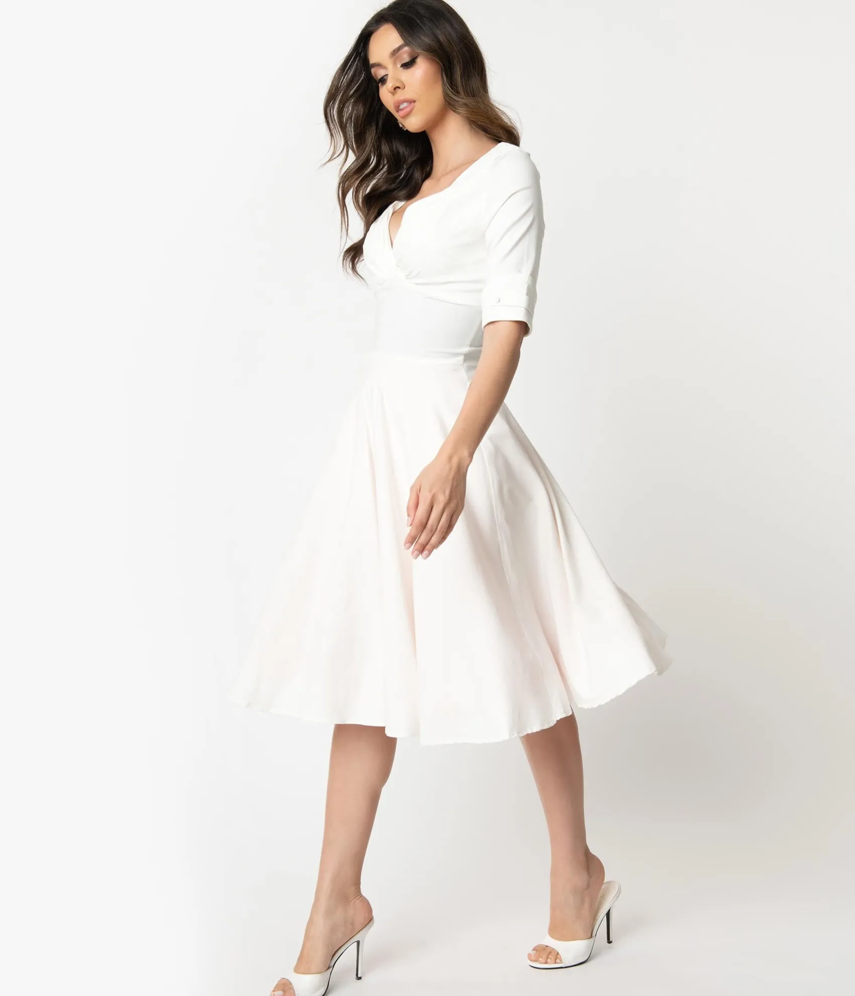 Unique Vintage Ivory Delores Swing Dress with Sleeves