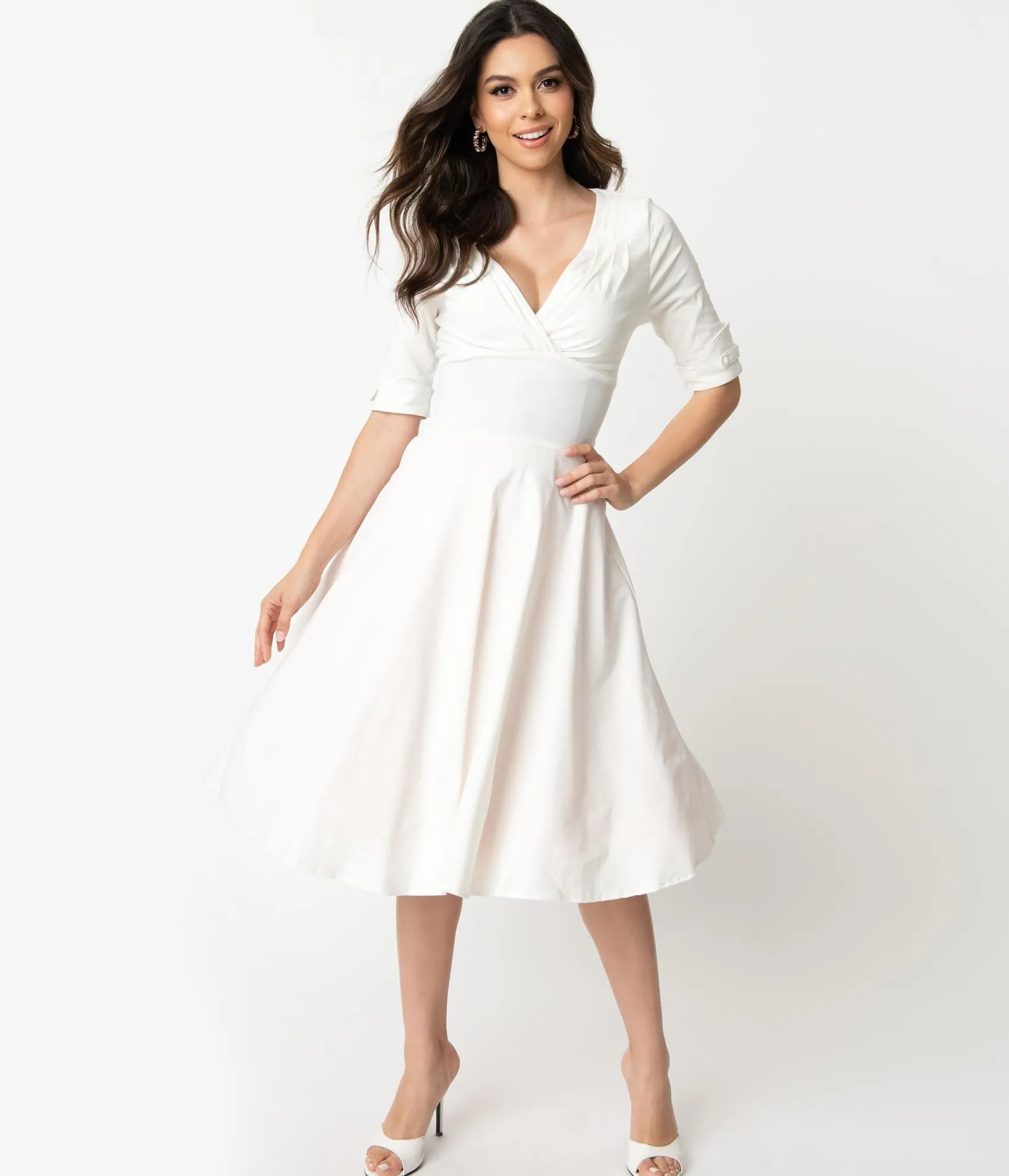 Unique Vintage Ivory Delores Swing Dress with Sleeves