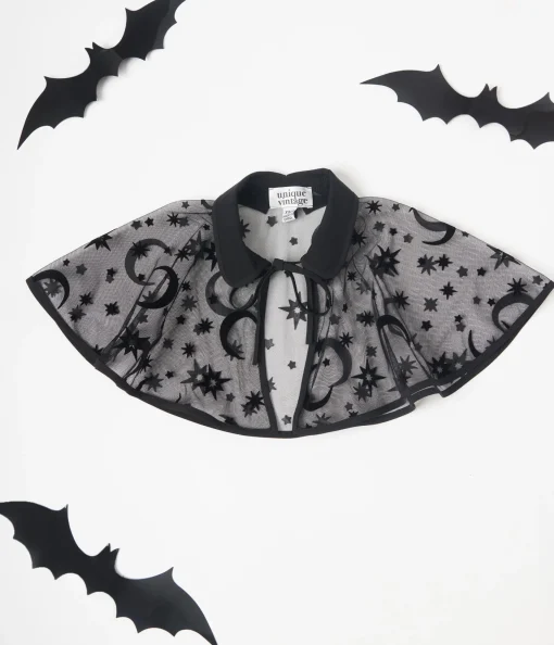 Unique Vintage Kids Black Flocked Moon & Stars Clarke Capelet