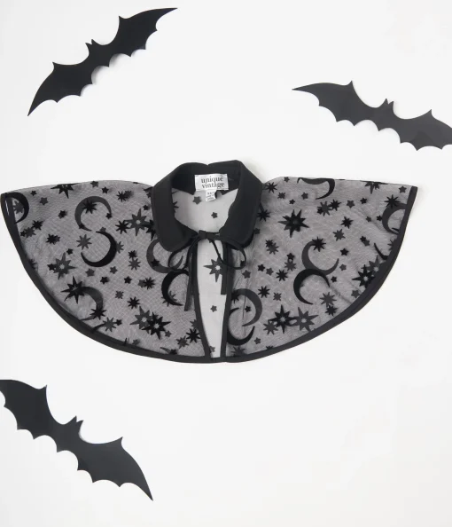 Unique Vintage Kids Black Flocked Moon & Stars Clarke Capelet