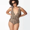 Unique Vintage Leopard Print Plunge One Piece Swimsuit