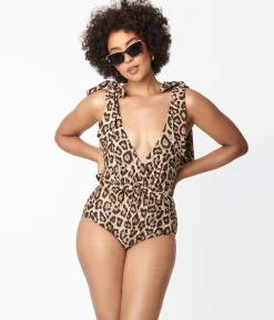 Unique Vintage Leopard Print Plunge One Piece Swimsuit