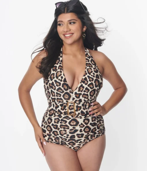 Unique Vintage Leopard Print Belted Halter Swimsuit