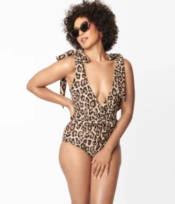 Unique Vintage Leopard Print Plunge One Piece Swimsuit