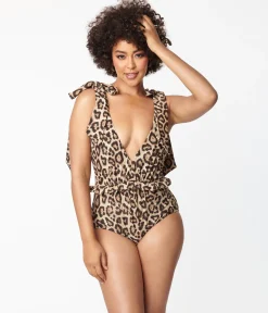 Unique Vintage Leopard Print Plunge One Piece Swimsuit
