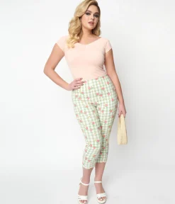 Unique Vintage Light Green Gingham & Peaches Rachelle Capri Pants