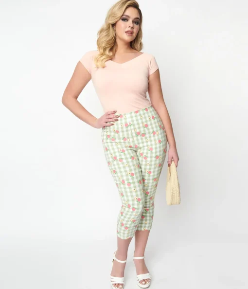 Unique Vintage Light Green Gingham & Peaches Rachelle Capri Pants